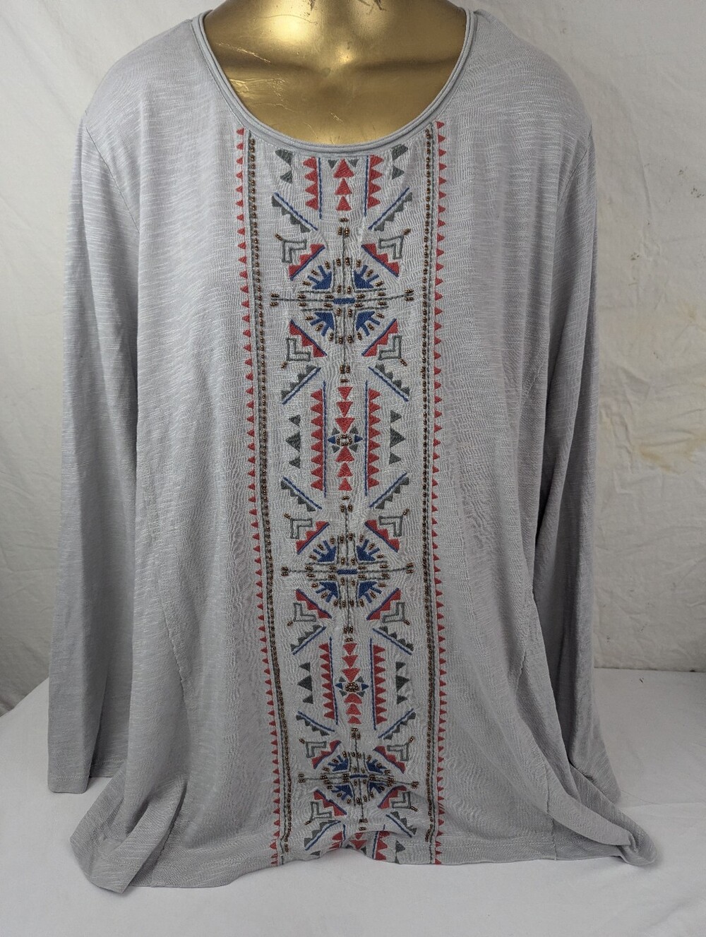 Coldwater Creek Grey Tunic Southwestern Beaded & Embroidered Designs Size 2XL